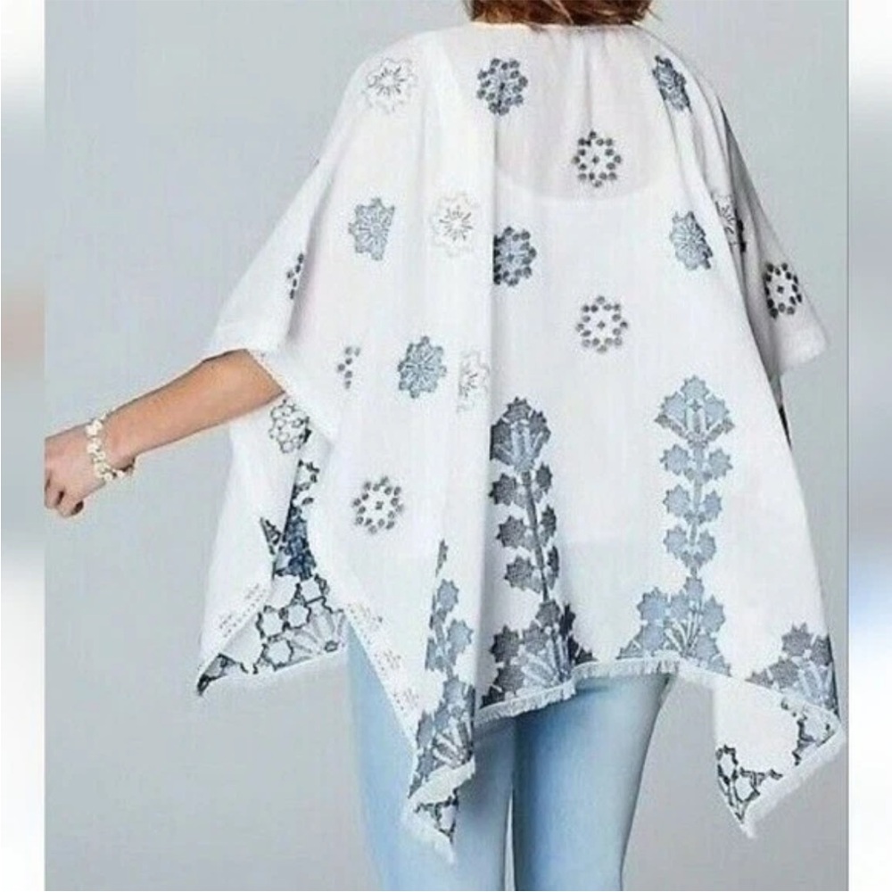 J Jill Patterned Embroidered Tunic Poncho Coastal Blue O/S GUC
